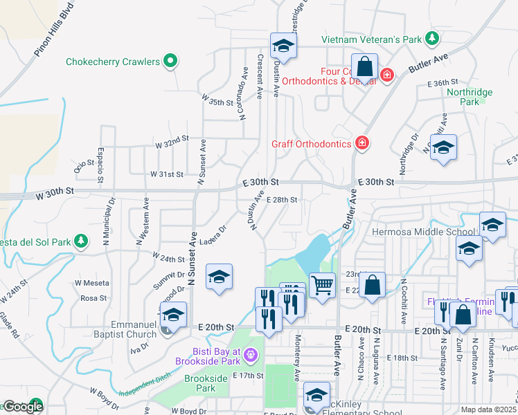 map of restaurants, bars, coffee shops, grocery stores, and more near 2716 2 North Dustin Avenue in Farmington