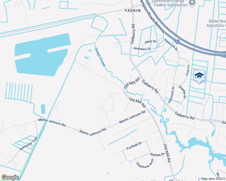 map of restaurants, bars, coffee shops, grocery stores, and more near 3652 Mill Bridge Way in Chesapeake
