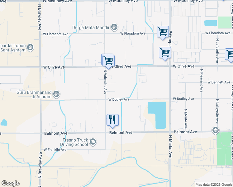 map of restaurants, bars, coffee shops, grocery stores, and more near 3333 West Elizabeth Avenue in Fresno