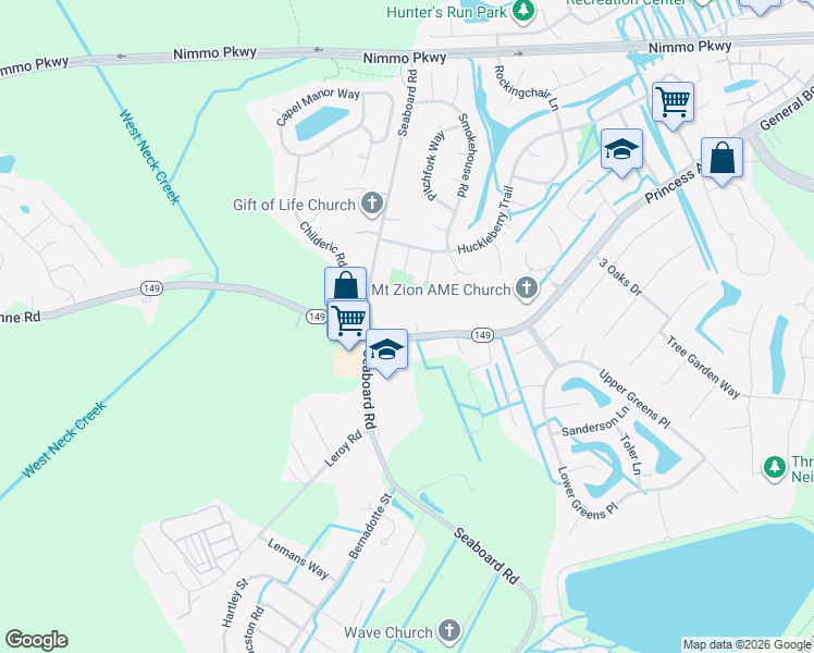 map of restaurants, bars, coffee shops, grocery stores, and more near 2300 Princess Anne Road in Virginia Beach