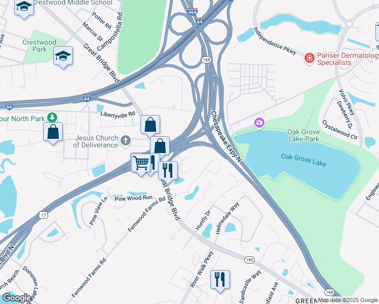 map of restaurants, bars, coffee shops, grocery stores, and more near 774 Hunters Quay in Chesapeake