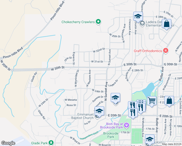 map of restaurants, bars, coffee shops, grocery stores, and more near 2709 North Mesa Drive in Farmington