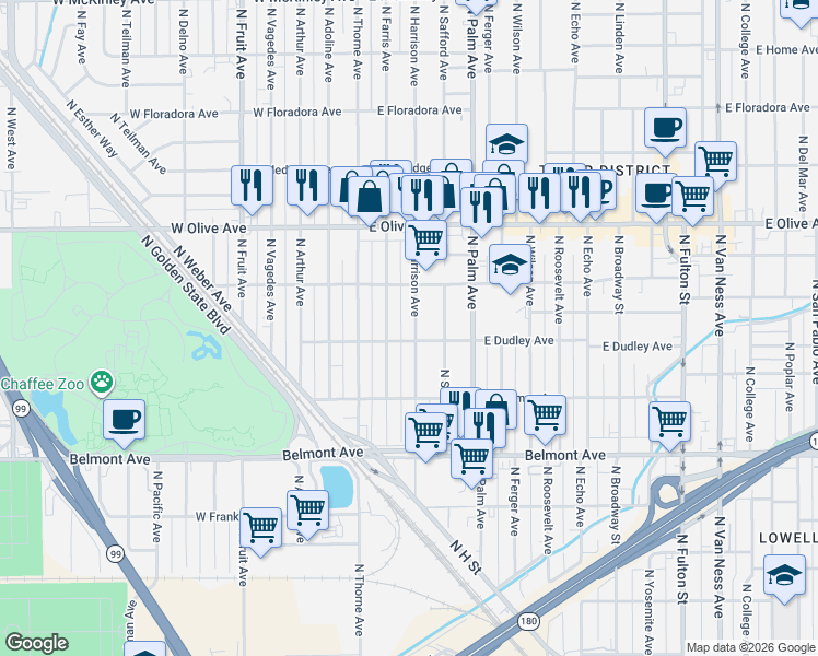 map of restaurants, bars, coffee shops, grocery stores, and more near 927 North Harrison Avenue in Fresno