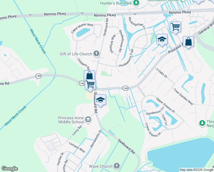 map of restaurants, bars, coffee shops, grocery stores, and more near 2300 Princess Anne Road in Virginia Beach