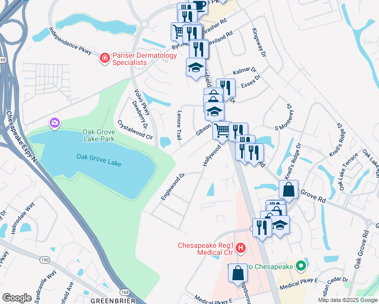 map of restaurants, bars, coffee shops, grocery stores, and more near 120 Red Oak Trail in Chesapeake