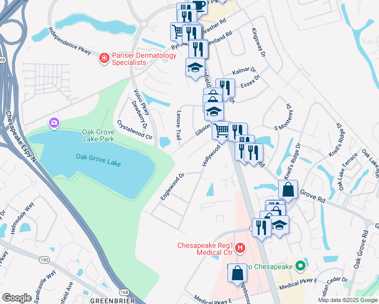 map of restaurants, bars, coffee shops, grocery stores, and more near 120 Red Oak Trail in Chesapeake