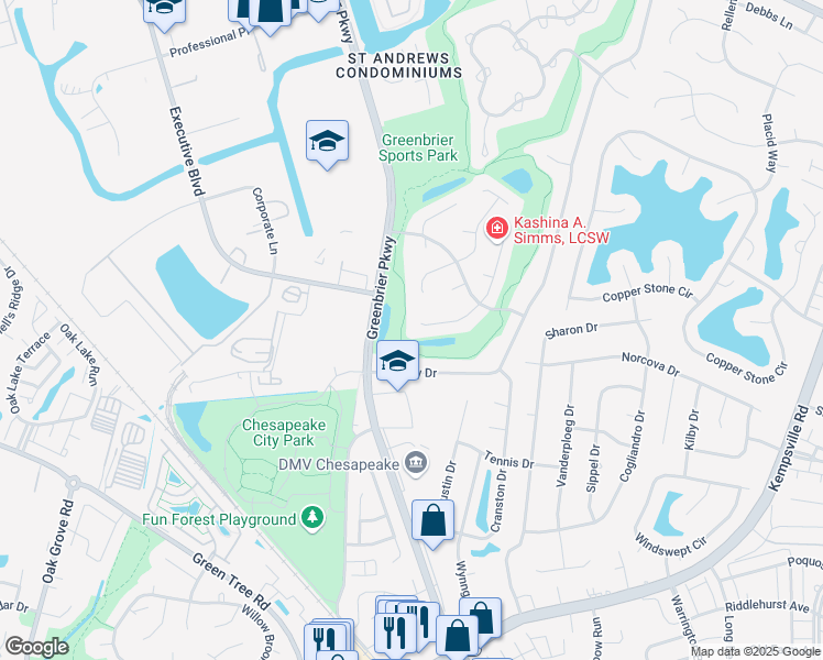 map of restaurants, bars, coffee shops, grocery stores, and more near 901 Thatcher Way in Chesapeake