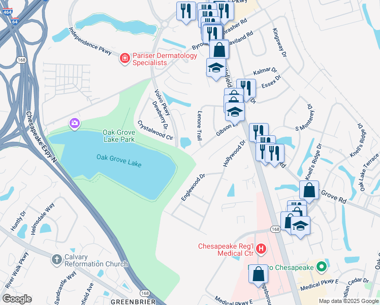 map of restaurants, bars, coffee shops, grocery stores, and more near 308 Gibson Drive in Chesapeake