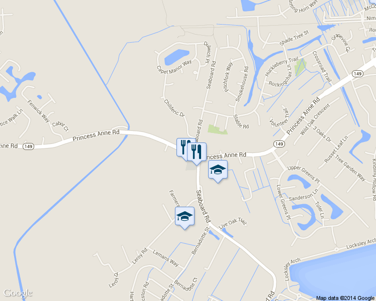 map of restaurants, bars, coffee shops, grocery stores, and more near 2310 Princess Anne Rd in Virginia Beach
