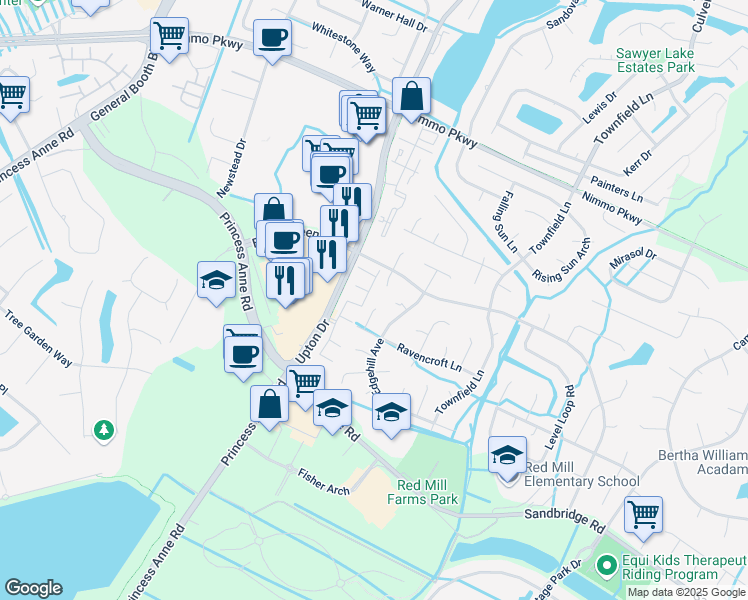 map of restaurants, bars, coffee shops, grocery stores, and more near 2501 Millhaven Court in Virginia Beach