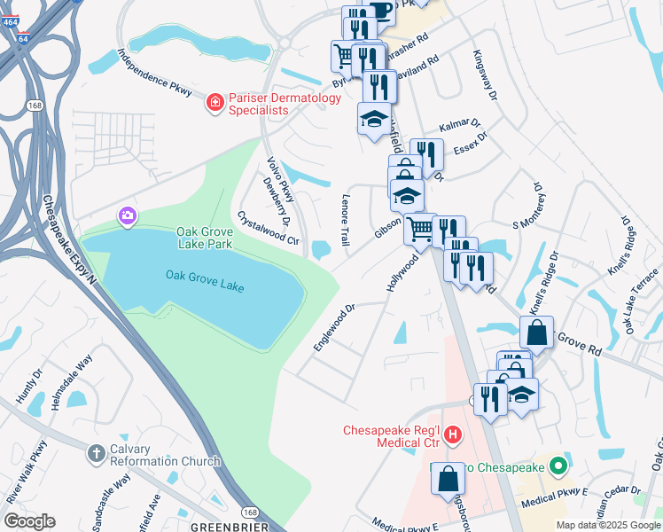 map of restaurants, bars, coffee shops, grocery stores, and more near 308 Gibson Drive in Chesapeake