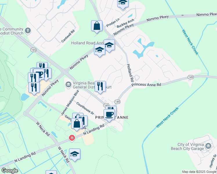 map of restaurants, bars, coffee shops, grocery stores, and more near 2333 Kingsman Lane in Virginia Beach