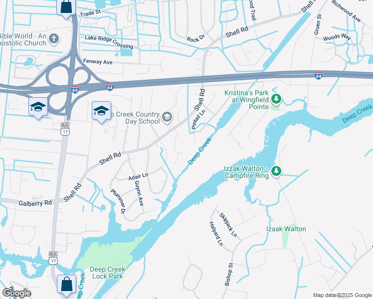 map of restaurants, bars, coffee shops, grocery stores, and more near 500 Hulen Drive in Chesapeake