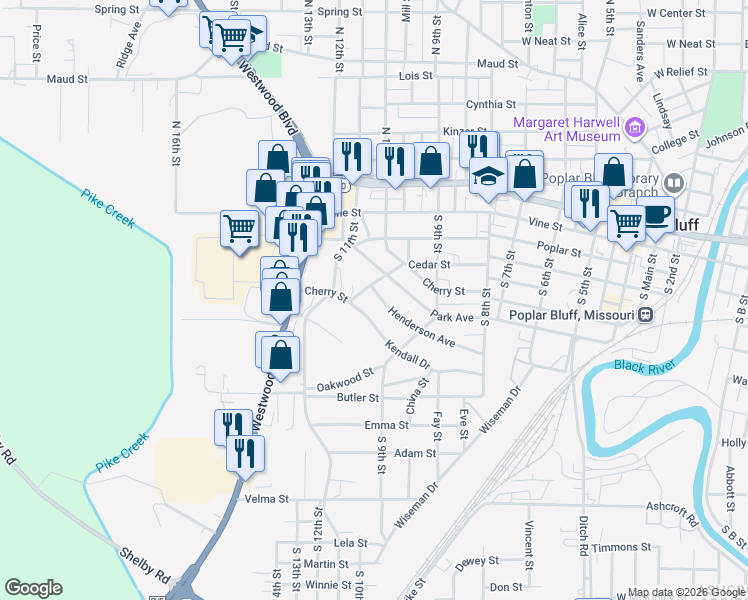 map of restaurants, bars, coffee shops, grocery stores, and more near 922 Henderson Avenue in Poplar Bluff