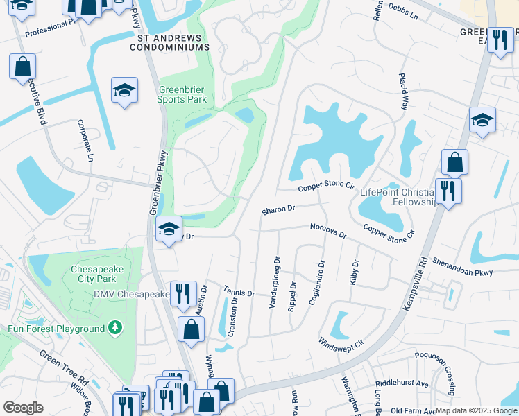 map of restaurants, bars, coffee shops, grocery stores, and more near 1112 Sharon Drive in Chesapeake