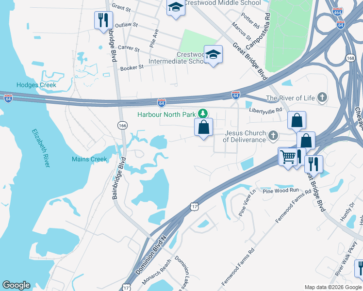 map of restaurants, bars, coffee shops, grocery stores, and more near 1020 Mains Creek Road in Chesapeake