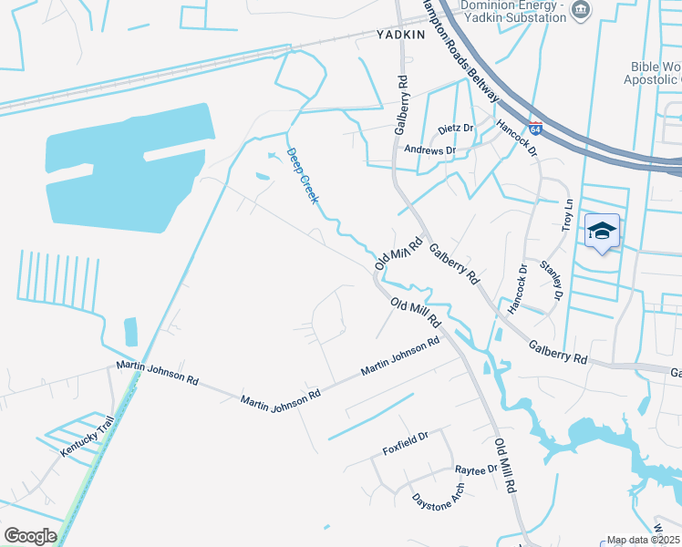 map of restaurants, bars, coffee shops, grocery stores, and more near 3652 Mill Bridge Way in Chesapeake