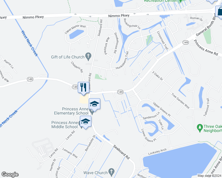 map of restaurants, bars, coffee shops, grocery stores, and more near 2288 Princess Anne Road in Virginia Beach