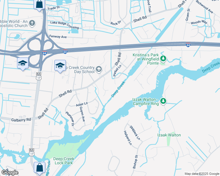 map of restaurants, bars, coffee shops, grocery stores, and more near 500 Hulen Drive in Chesapeake