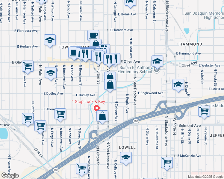 map of restaurants, bars, coffee shops, grocery stores, and more near 936 North Van Ness Avenue in Fresno