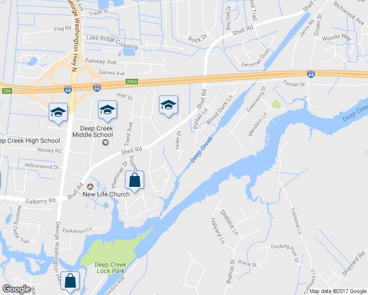 map of restaurants, bars, coffee shops, grocery stores, and more near 504 Hulen Drive in Chesapeake