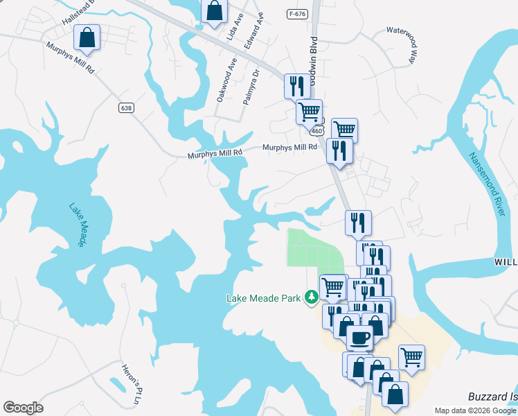 map of restaurants, bars, coffee shops, grocery stores, and more near 125 Longwood Avenue in Suffolk