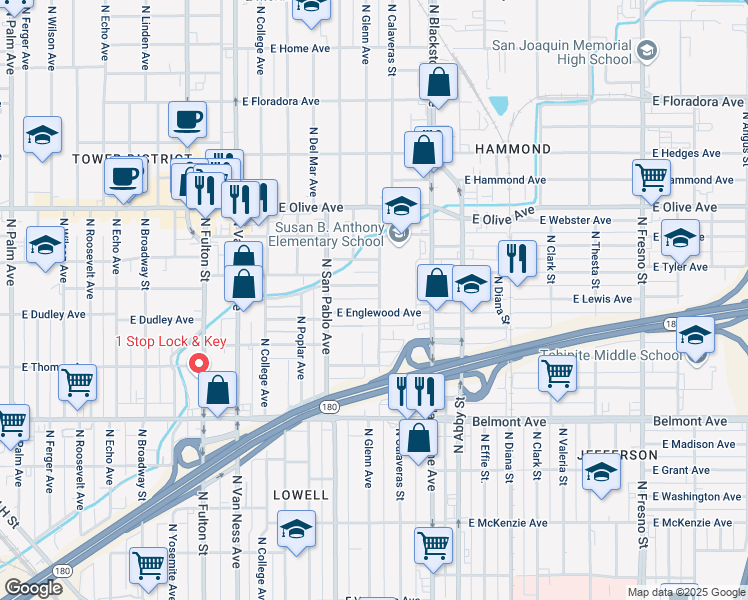map of restaurants, bars, coffee shops, grocery stores, and more near 915 North Glenn Avenue in Fresno