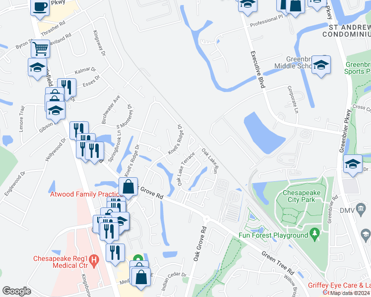 map of restaurants, bars, coffee shops, grocery stores, and more near 500 Whispering Oak Circle in Chesapeake