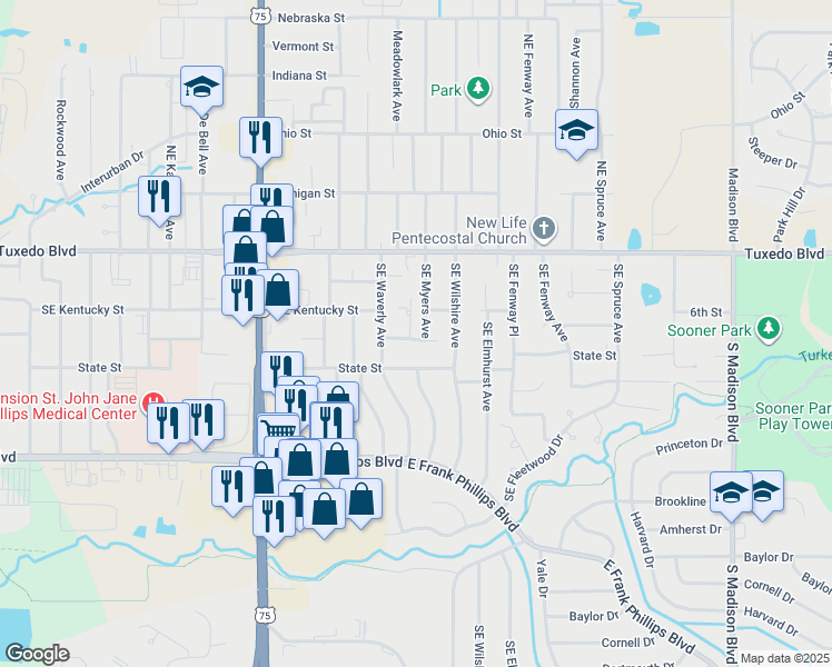 map of restaurants, bars, coffee shops, grocery stores, and more near 221 SE Myers Ave in Bartlesville