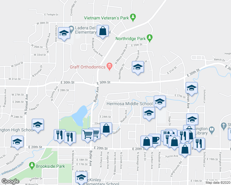 map of restaurants, bars, coffee shops, grocery stores, and more near 2614 North Mossman Drive in Farmington