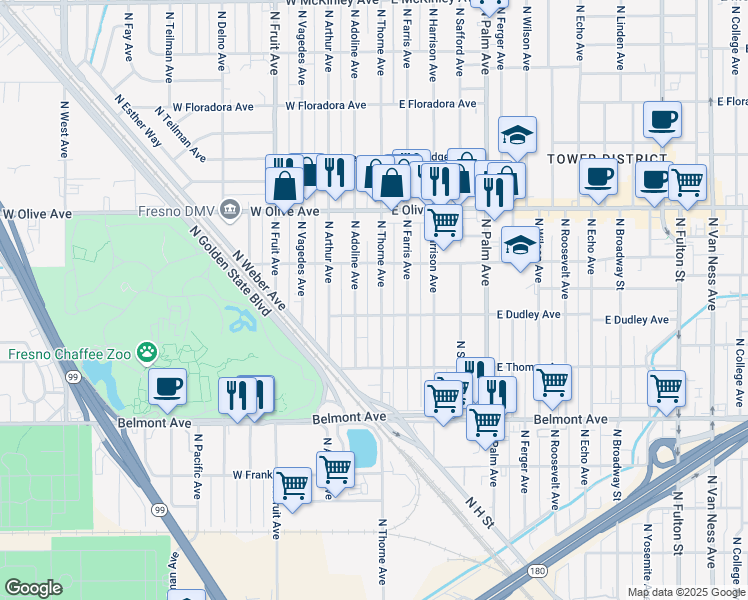 map of restaurants, bars, coffee shops, grocery stores, and more near 920 North Adoline Avenue in Fresno