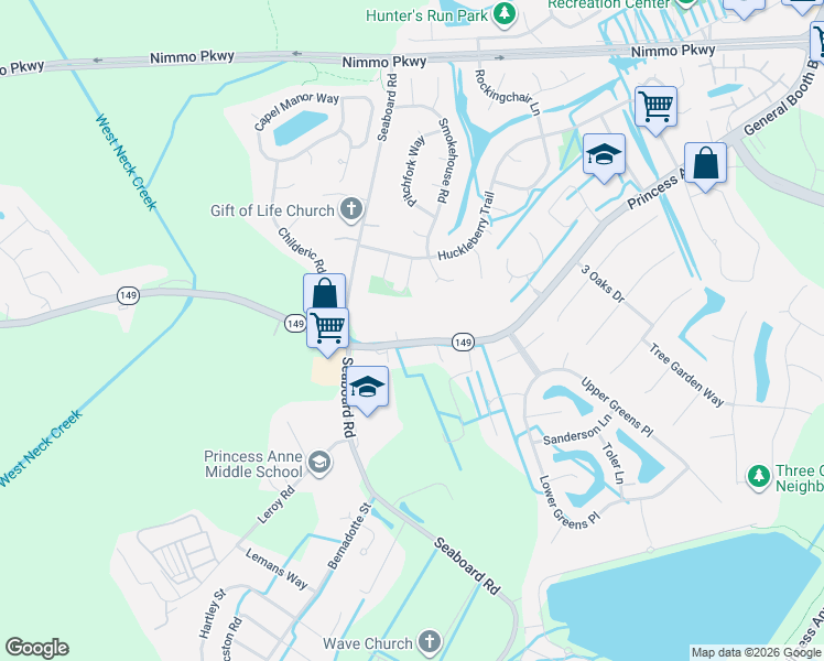 map of restaurants, bars, coffee shops, grocery stores, and more near 2300 Princess Anne Road in Virginia Beach