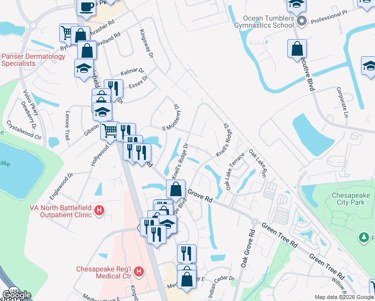 map of restaurants, bars, coffee shops, grocery stores, and more near 412 Knell's Ridge Drive in Chesapeake