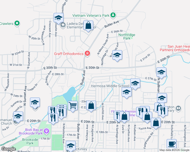 map of restaurants, bars, coffee shops, grocery stores, and more near 2614 North Mossman Drive in Farmington