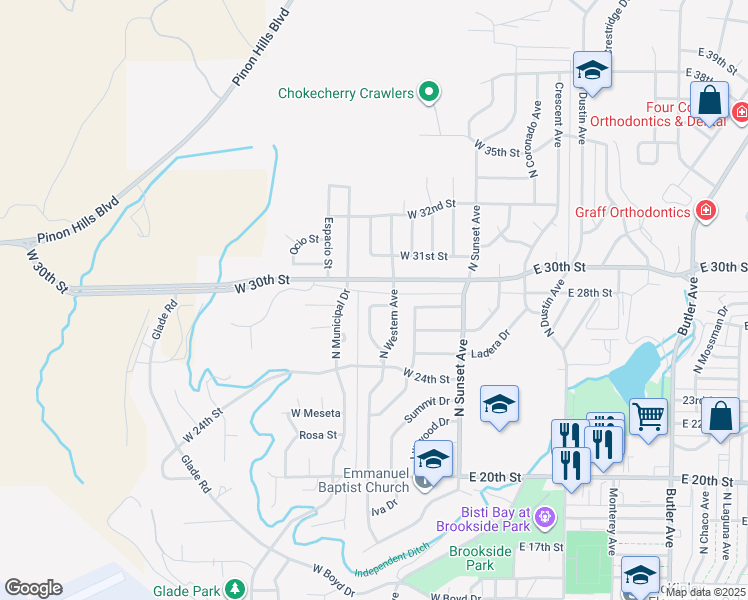 map of restaurants, bars, coffee shops, grocery stores, and more near 2705 North Mesa Drive in Farmington