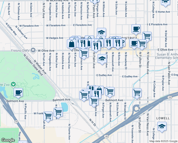 map of restaurants, bars, coffee shops, grocery stores, and more near 918 North Safford Avenue in Fresno