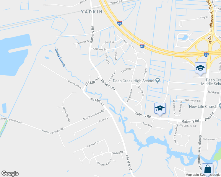 map of restaurants, bars, coffee shops, grocery stores, and more near 3113 Galberry Road in Chesapeake