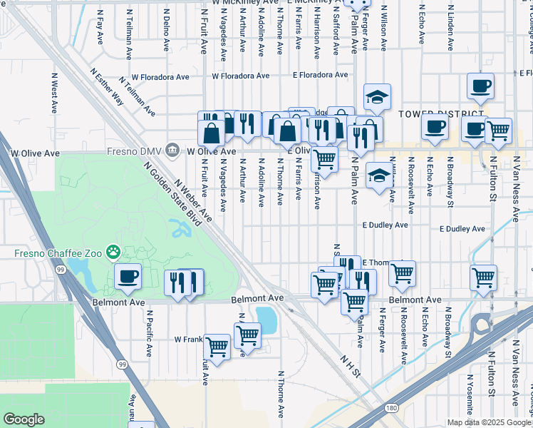 map of restaurants, bars, coffee shops, grocery stores, and more near 920 North Adoline Avenue in Fresno