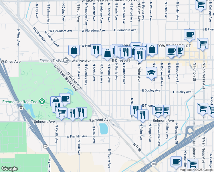 map of restaurants, bars, coffee shops, grocery stores, and more near 920 North Adoline Avenue in Fresno