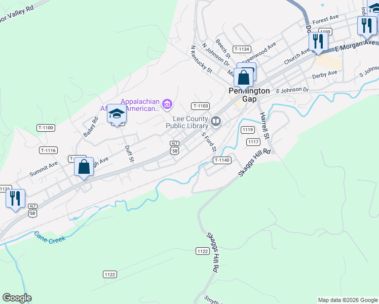map of restaurants, bars, coffee shops, grocery stores, and more near 538 Joslyn Avenue in Pennington Gap