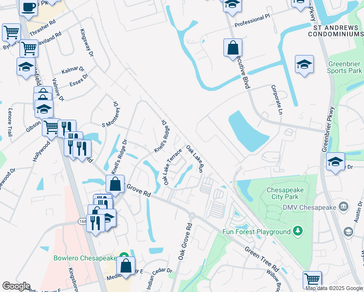 map of restaurants, bars, coffee shops, grocery stores, and more near 504 Oak Lake Terrace in Chesapeake