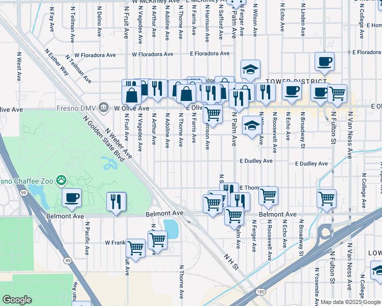 map of restaurants, bars, coffee shops, grocery stores, and more near 929 North Farris Avenue in Fresno
