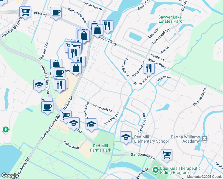 map of restaurants, bars, coffee shops, grocery stores, and more near 2540 Elson Green Avenue in Virginia Beach