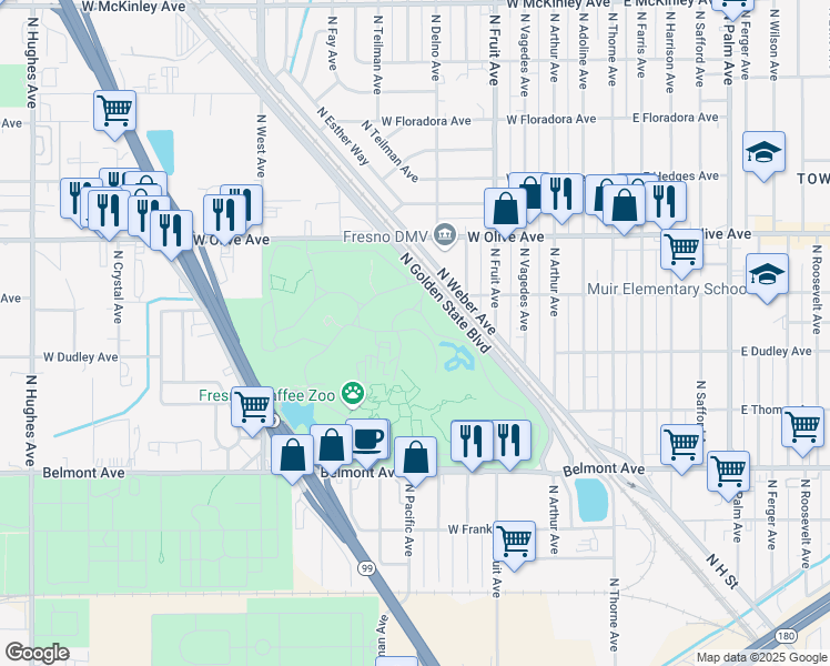 map of restaurants, bars, coffee shops, grocery stores, and more near in Fresno