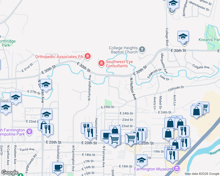 map of restaurants, bars, coffee shops, grocery stores, and more near 2712 North Fairview Avenue in Farmington