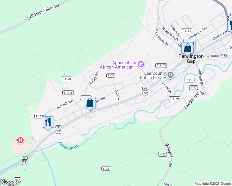 map of restaurants, bars, coffee shops, grocery stores, and more near 191 Duff Street in Pennington Gap