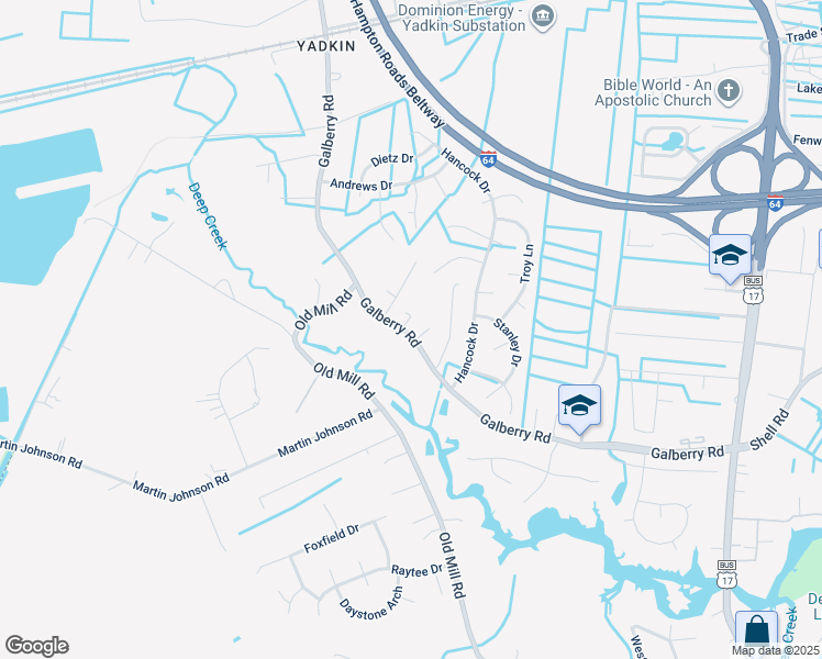 map of restaurants, bars, coffee shops, grocery stores, and more near 3108 Galberry Road in Chesapeake