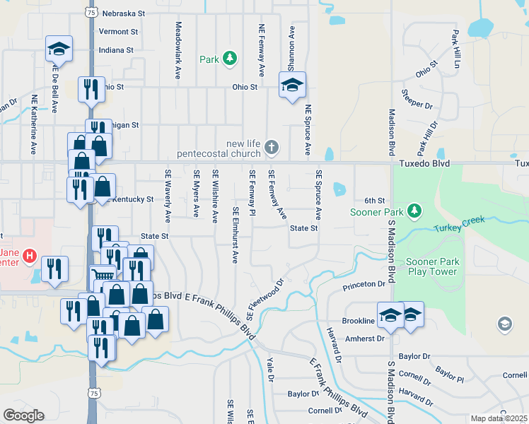 map of restaurants, bars, coffee shops, grocery stores, and more near 4633 South Fenway Court in Bartlesville