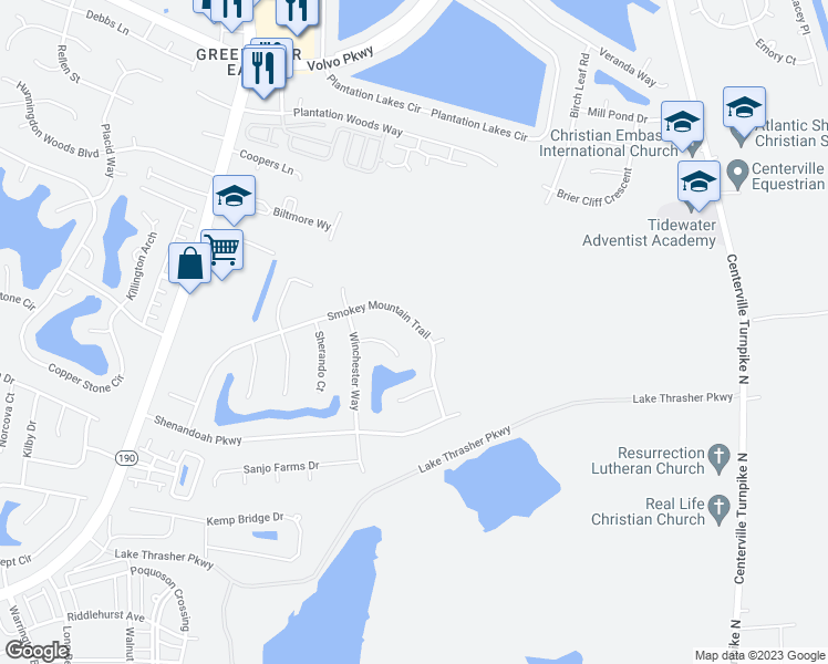 map of restaurants, bars, coffee shops, grocery stores, and more near 1232 Smokey Mountain Trail in Chesapeake