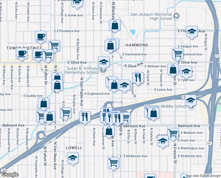 map of restaurants, bars, coffee shops, grocery stores, and more near 921 North Blackstone Avenue in Fresno